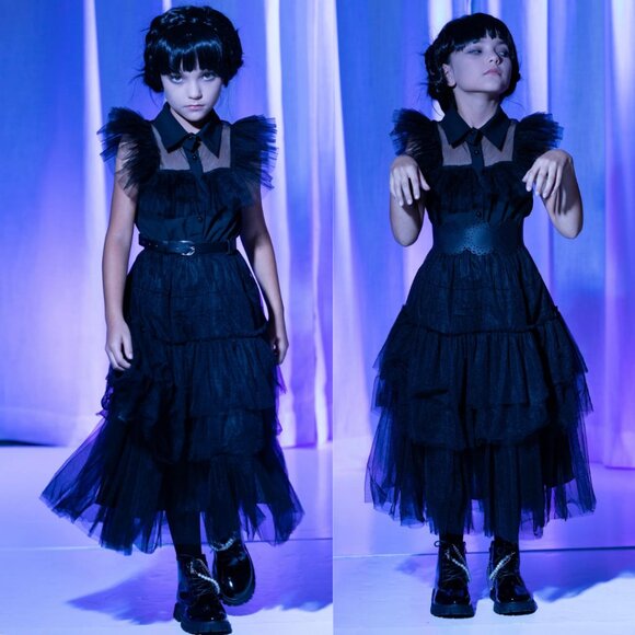 Girls Wednesday Prom Dance Tulle Costume Dress with Belt - Picture 3 of 6